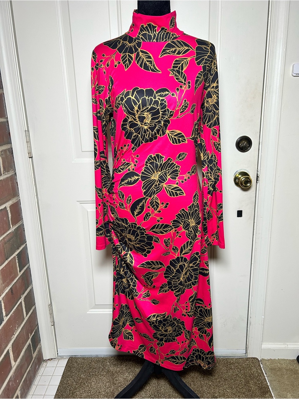 G.I.L.I. Hot Pink Maxi Dress with Black and Gold Floral Print